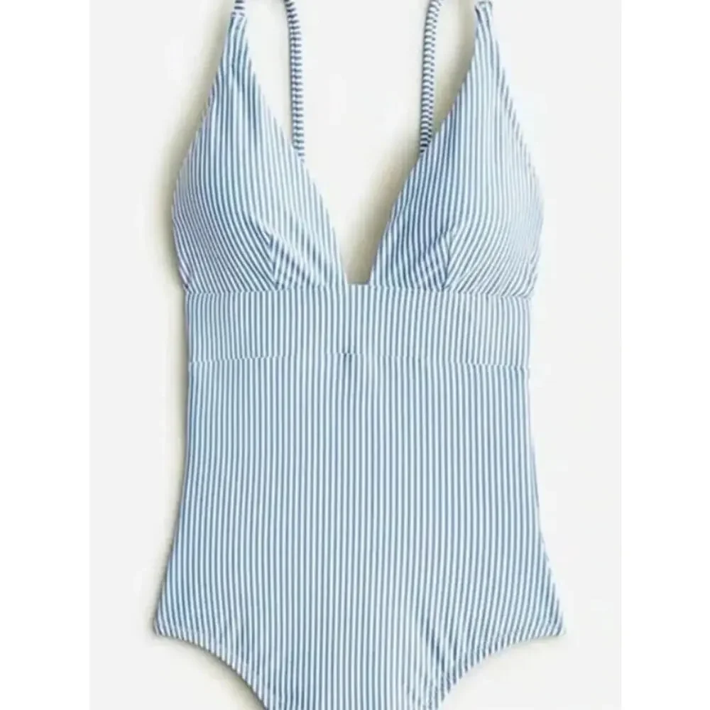 J. Crew Seersucker White Blue Striped Plunge‎ One-Piece Swimsuit Size 24 NWT